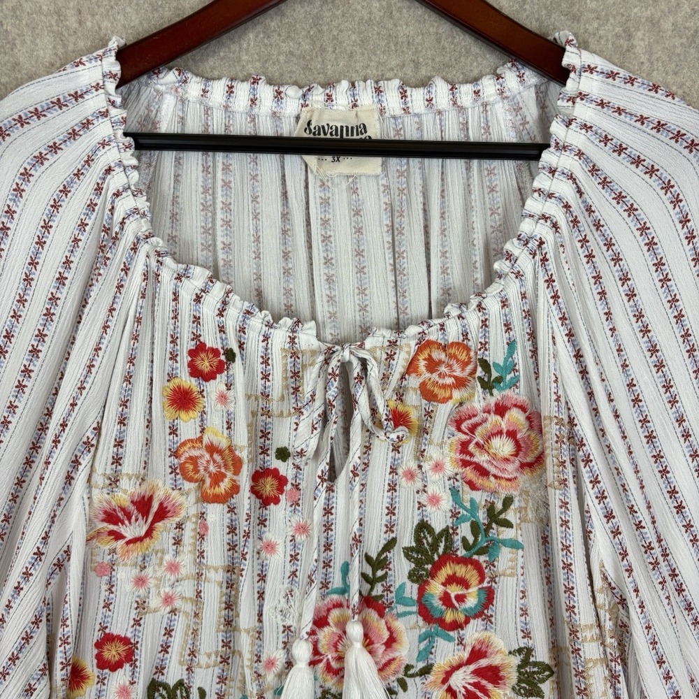 Savanna Jane 3X Blouse Floral Embroidered Boho Peasant Tassel Striped Read - Picture 2 of 12